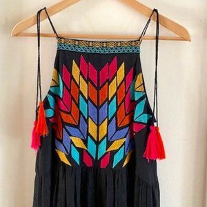 THML Aztec Square Neck Black Maxi Dress w Tassels